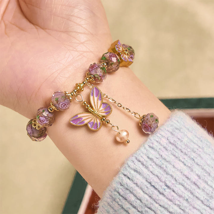 Buddha Stones Double Butterflies Charm Flower Liuli Glass Beaded Love Bracelet - image 4