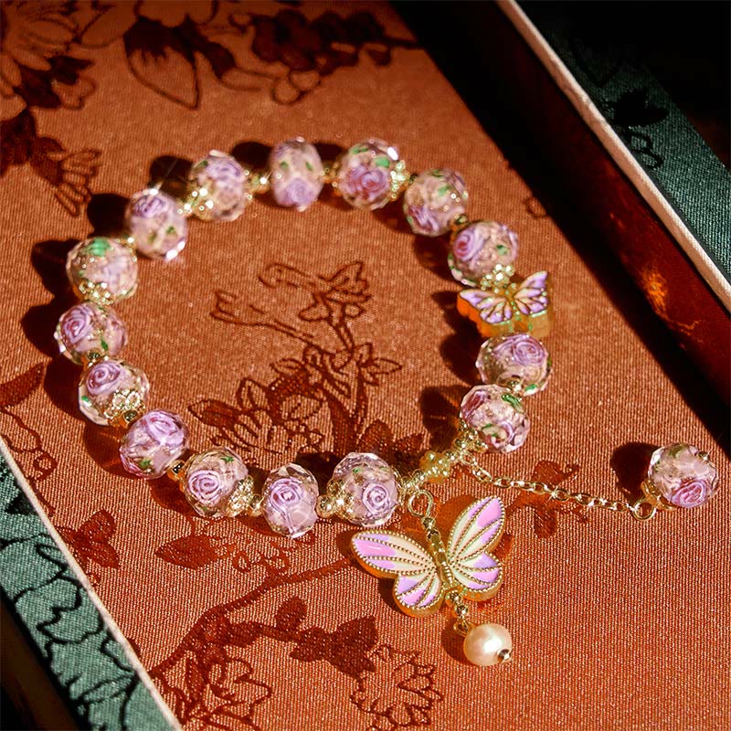 Buddha Stones Double Butterflies Charm Flower Liuli Glass Beaded Love Bracelet - image 2