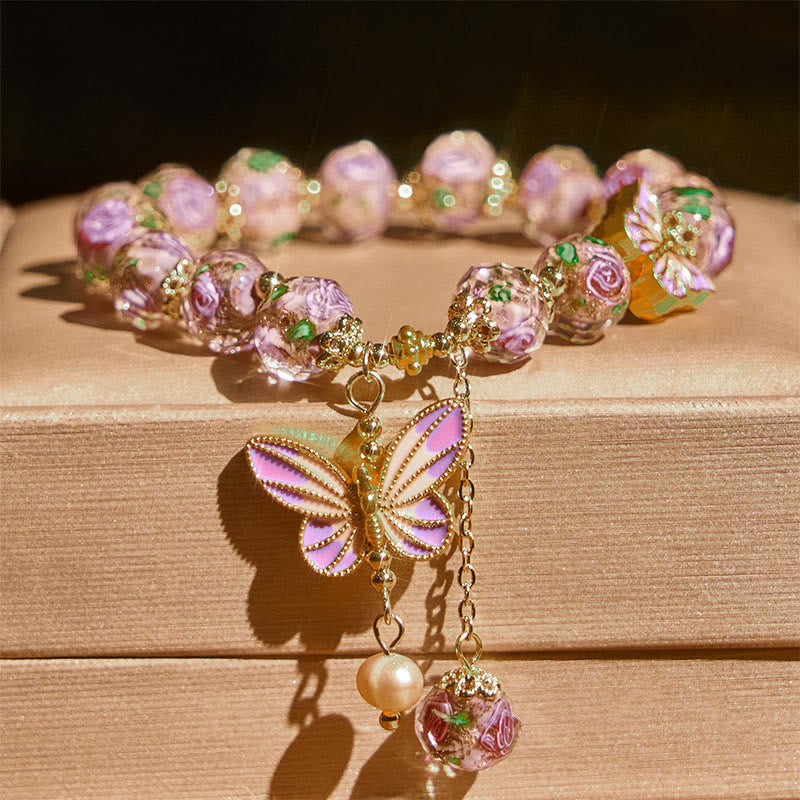 Buddha Stones Double Butterflies Charm Flower Liuli Glass Beaded Love Bracelet - image 1