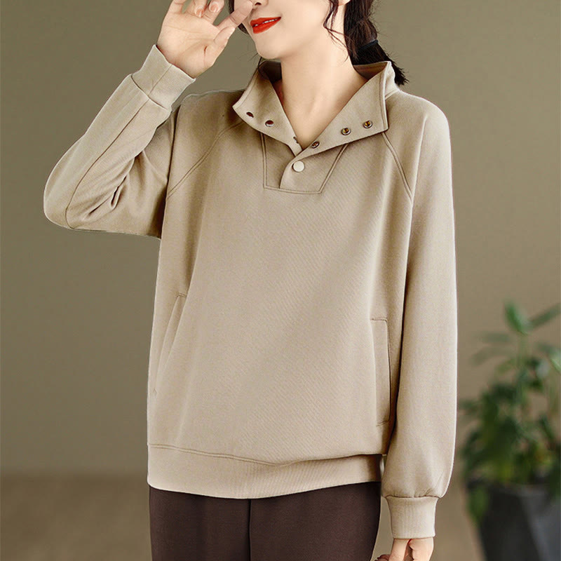 Buddha Stones Fall Solid Stand Collar Buttons Design Long Sleeve Women's Cotton Sweatshirt - image 22