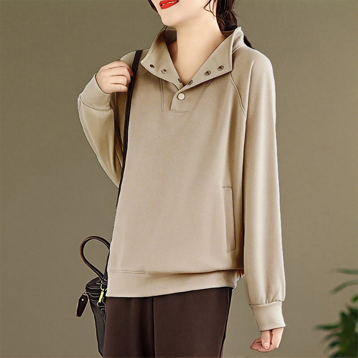 Buddha Stones Fall Solid Stand Collar Buttons Design Long Sleeve Women's Cotton Sweatshirt - image 23