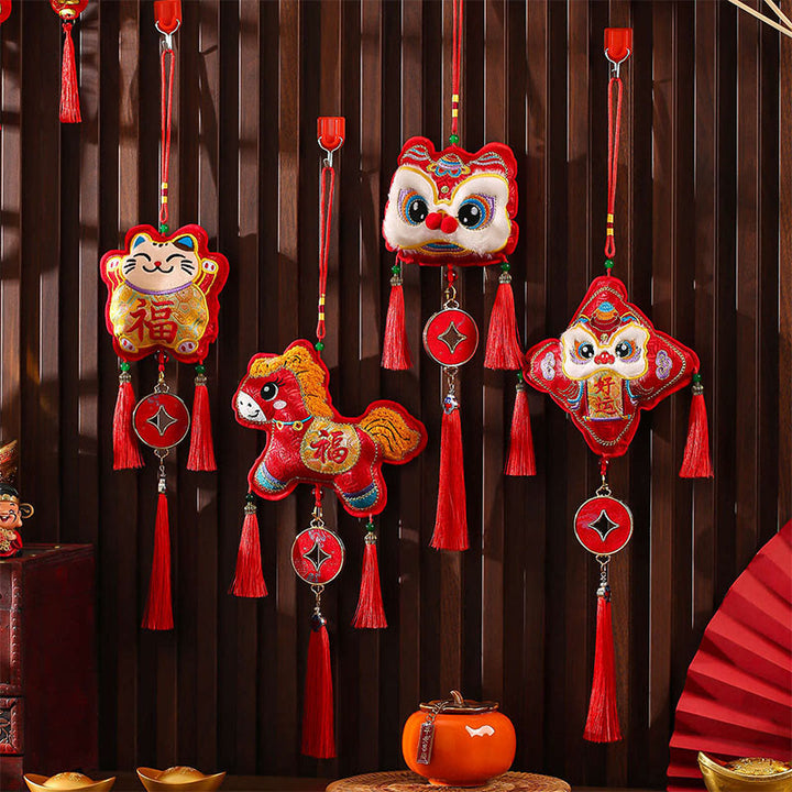Buddha Stones Embroidery Year Of The Horse Fu Character Copper Coin Shape Red String Hanging Decoration - image 16