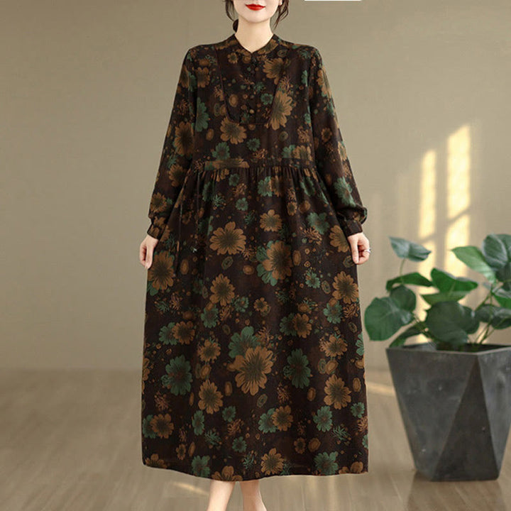 Buddha Stones Flower Pattern Long Sleeve Cotton Midi Dress With Pockets - image 17
