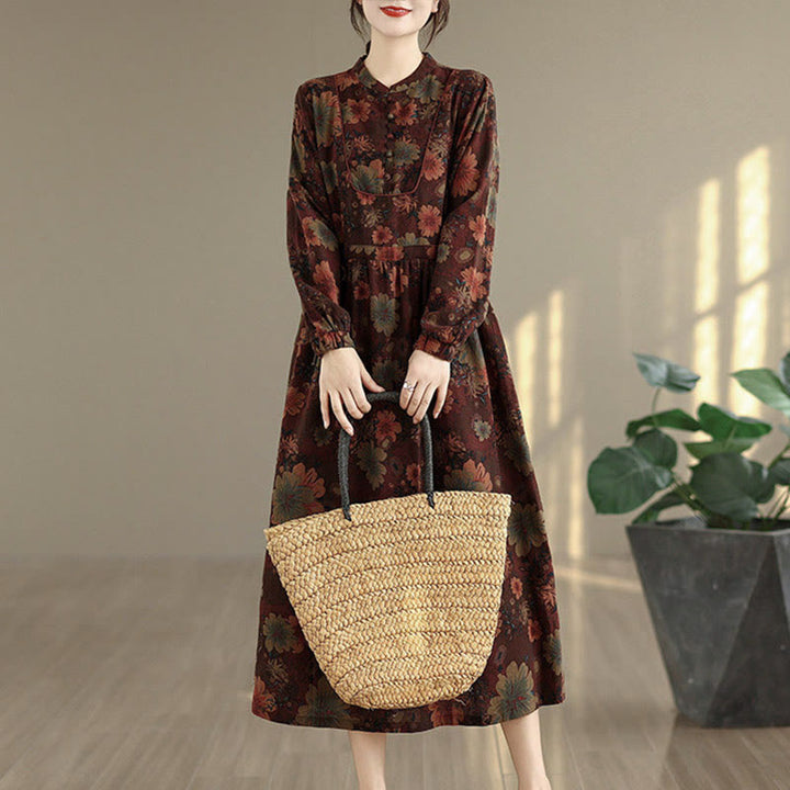 Buddha Stones Flower Pattern Long Sleeve Cotton Midi Dress With Pockets - DarkRed - US4，UK/AU8，EU36 (F) - image 0