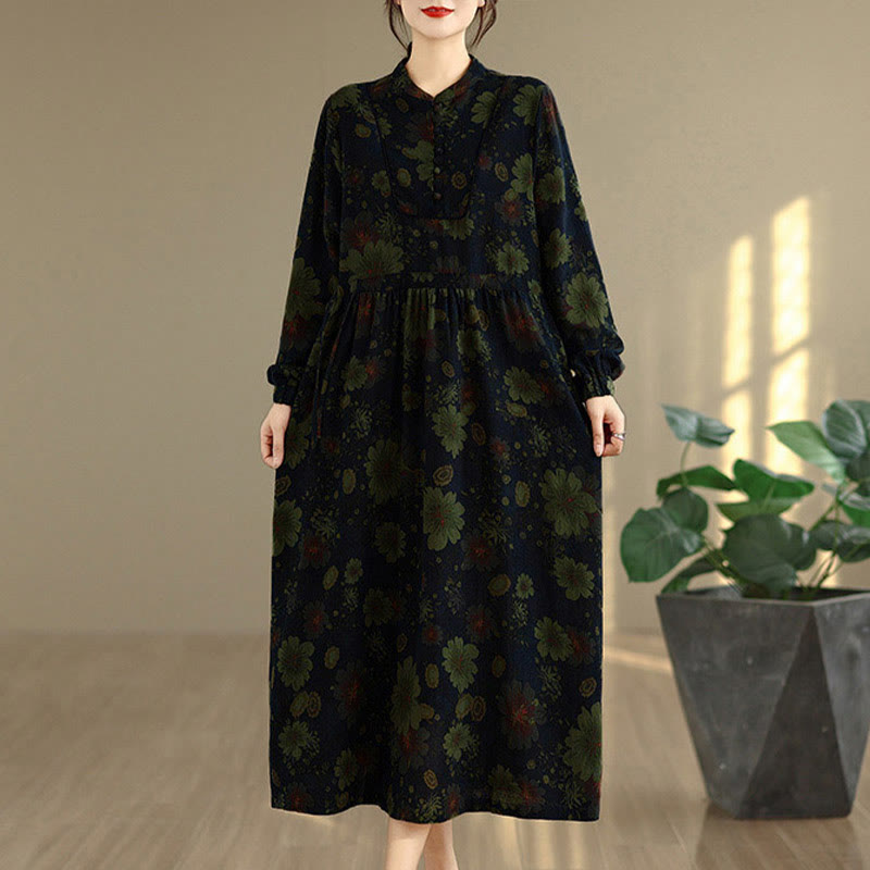 Buddha Stones Flower Pattern Long Sleeve Cotton Midi Dress With Pockets - image 13