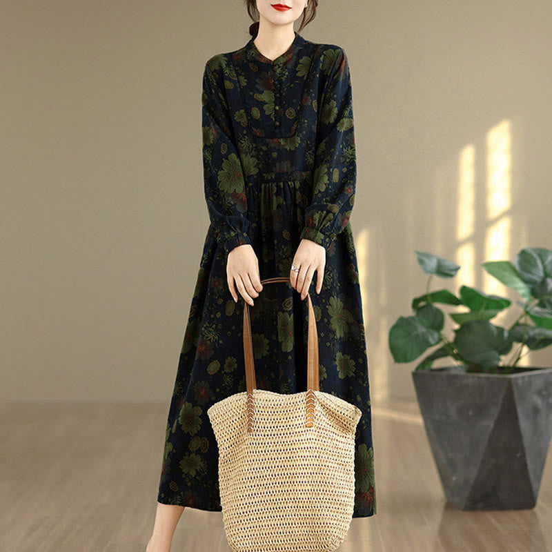 Buddha Stones Flower Pattern Long Sleeve Cotton Midi Dress With Pockets - image 14