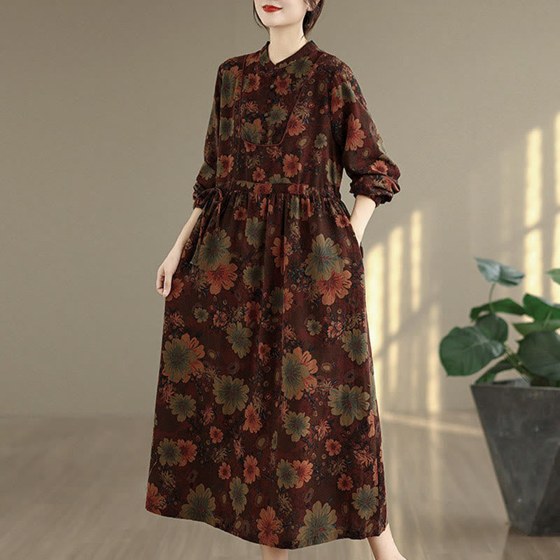 Buddha Stones Flower Pattern Long Sleeve Cotton Midi Dress With Pockets - image 4