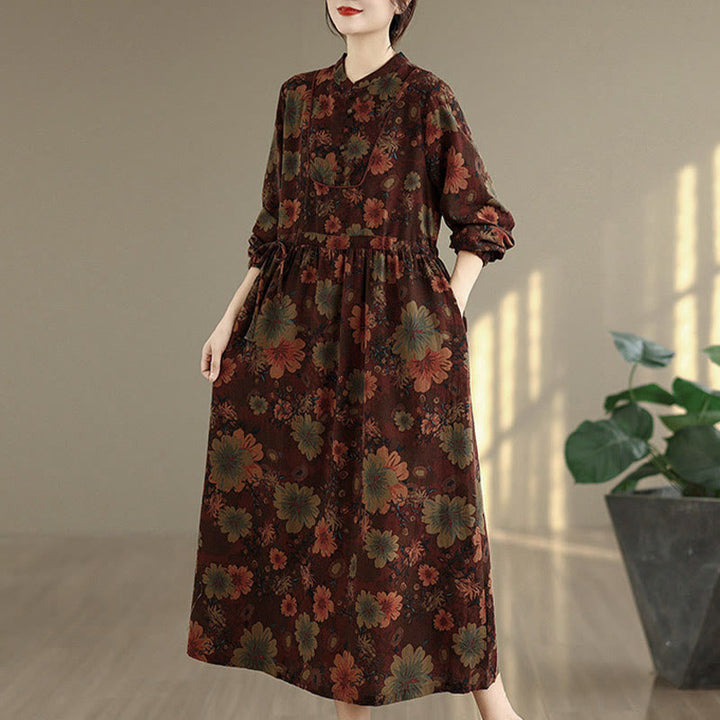 Buddha Stones Flower Pattern Long Sleeve Cotton Midi Dress With Pockets - image 4