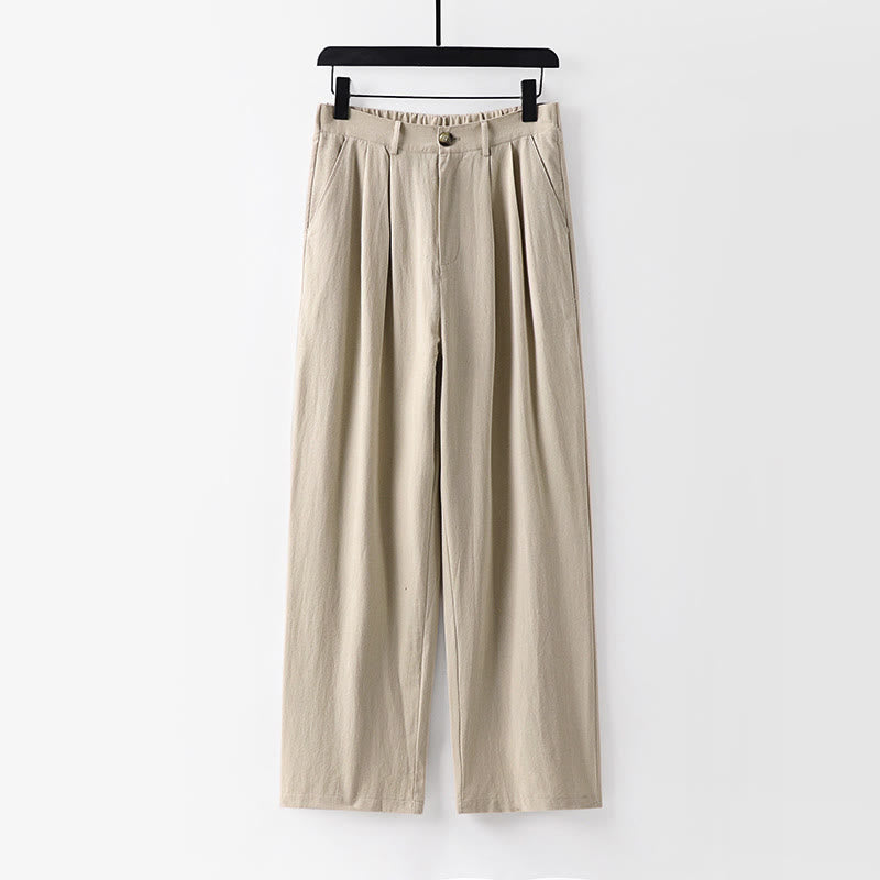 Buddha Stones Spring Fall Plain Straight Leg Men's Cotton Linen Pants With Pockets - Beige - US/UK/AU54，EU64 (9XL) - image 0