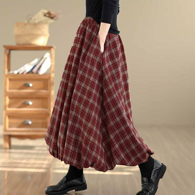Buddha Stones Women's Plaid Pattern Cotton Skirt With Pockets - image 5