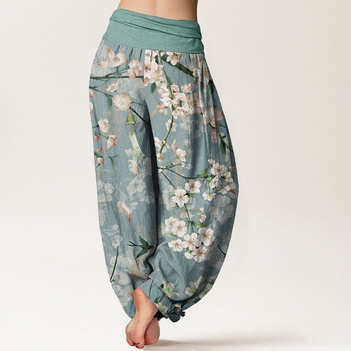 Buddha Stones Pure Cotton Peach Blossoms Flying Geese Pattern Women's Elastic Waist Harem Pants - image 1