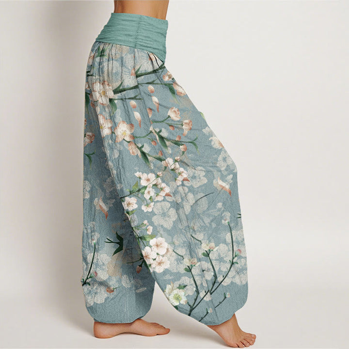 Buddha Stones Cotton Peach Blossoms Flying Geese Pattern Women's Elastic Waist Harem Pants - image 2
