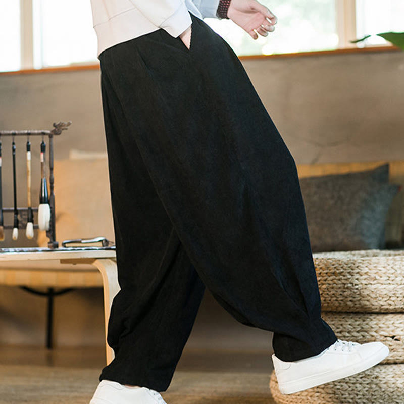 Buddha Stones Retro Men's Plain Fleece-Lined Corduroy Simple Design Harem Pants With Pockets - image 43