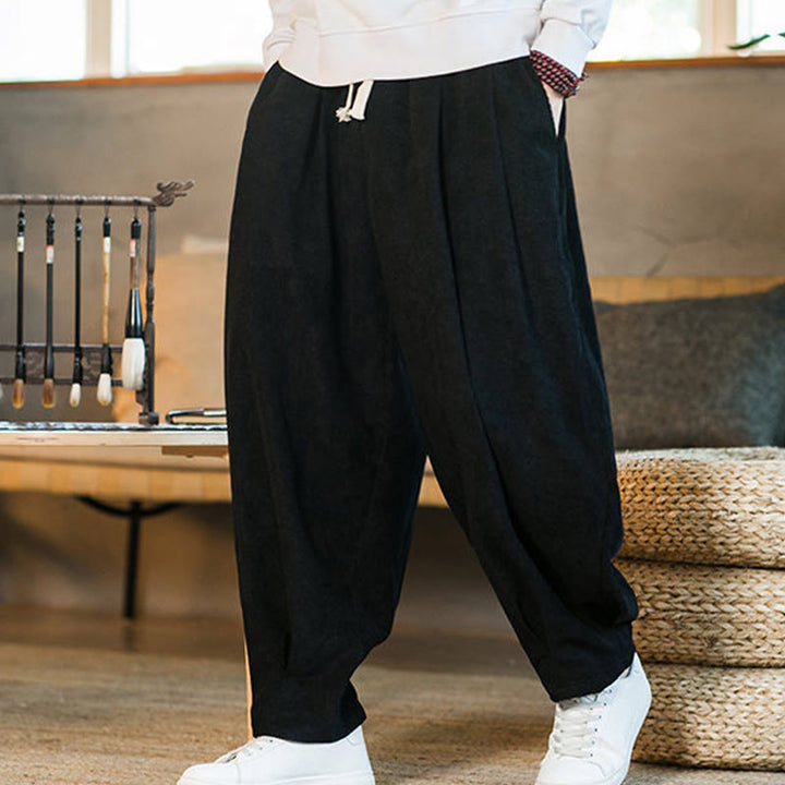Buddha Stones Retro Men's Plain Fleece-Lined Corduroy Simple Design Harem Pants With Pockets - image 41