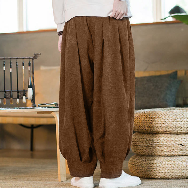 Buddha Stones Retro Men's Plain Fleece-Lined Corduroy Simple Design Harem Pants With Pockets - image 7