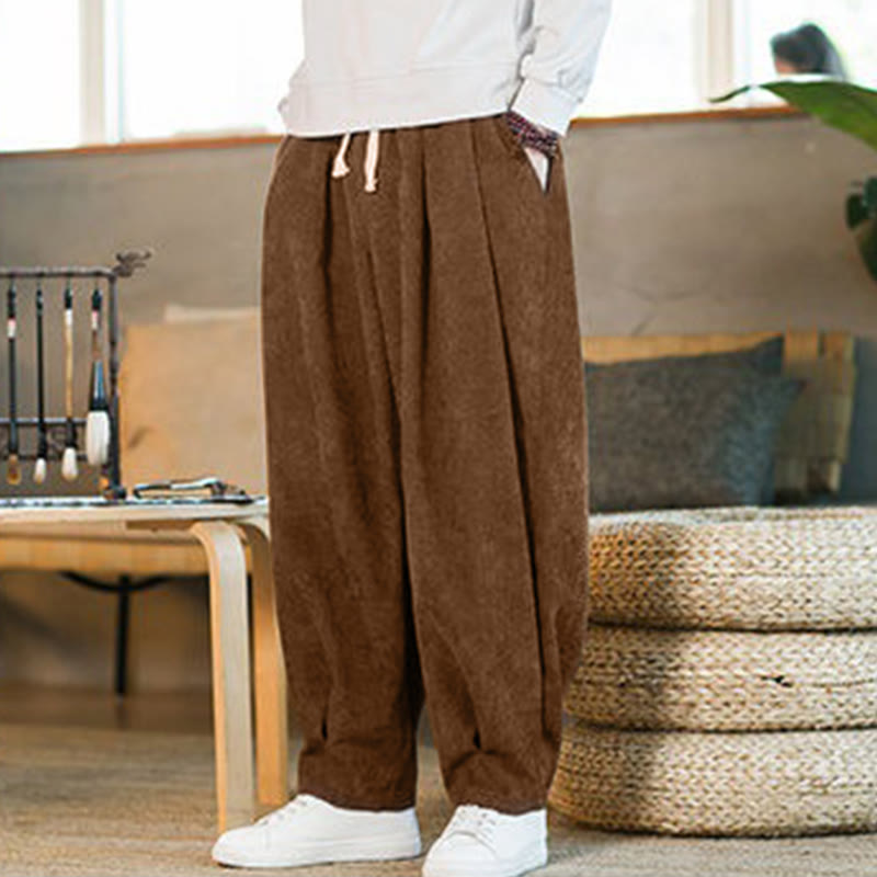 Buddha Stones Retro Men's Plain Fleece-Lined Corduroy Simple Design Harem Pants With Pockets - image 4
