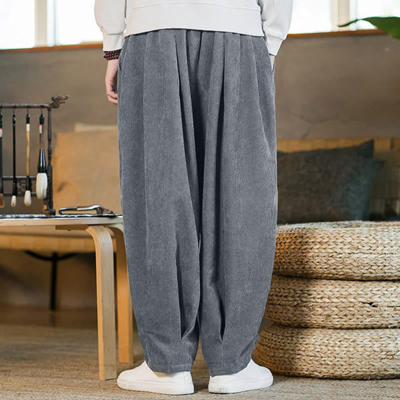 Buddha Stones Retro Men's Plain Fleece-Lined Corduroy Simple Design Harem Pants With Pockets - image 20