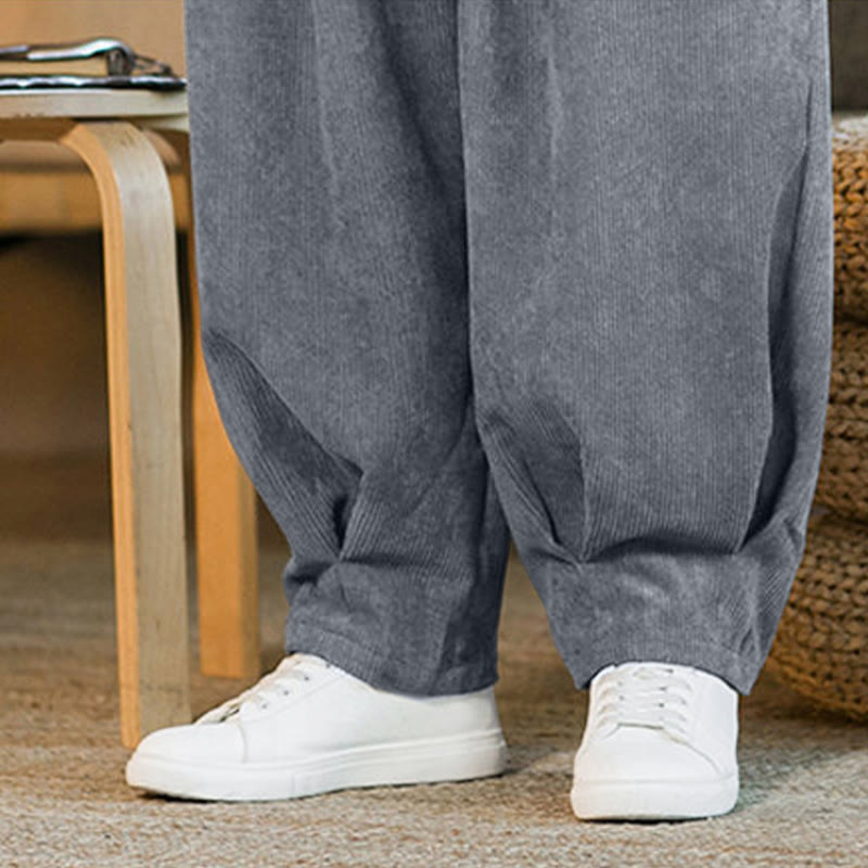 Buddha Stones Retro Men's Plain Fleece-Lined Corduroy Simple Design Harem Pants With Pockets - image 24