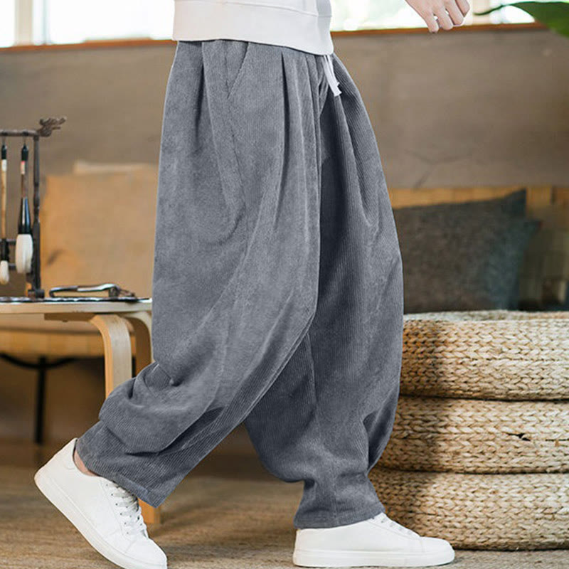 Buddha Stones Retro Men's Plain Fleece-Lined Corduroy Simple Design Harem Pants With Pockets - image 14
