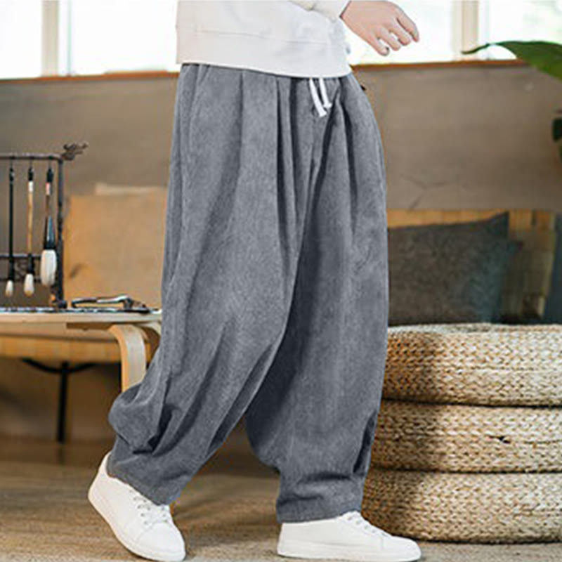 Buddha Stones Retro Men's Plain Fleece-Lined Corduroy Simple Design Harem Pants With Pockets - image 18