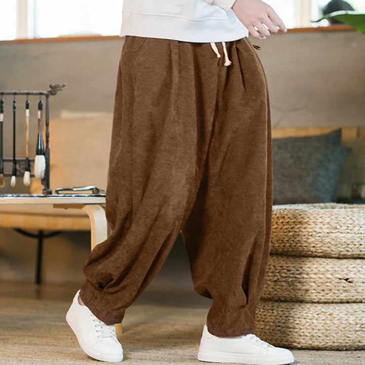 Buddha Stones Retro Men's Plain Fleece-Lined Corduroy Simple Design Harem Pants With Pockets - image 3