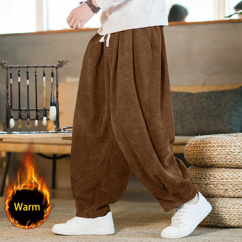 Buddha Stones Retro Men's Plain Fleece-Lined Corduroy Simple Design Harem Pants With Pockets - DarkGoldenrod(Fleece-Lined) - US/UK/AU46，EU56 (5XL) - image 0