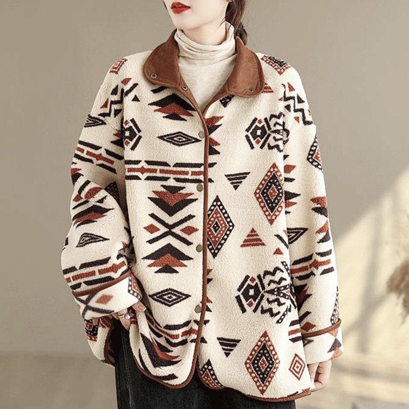 Buddha Stones Fall Winter Buttons Geometric Patterns Long Sleeve Cotton Women's Jacket  - FloralWhite - US12，UK/AU16，EU44 (3XL) - image 0