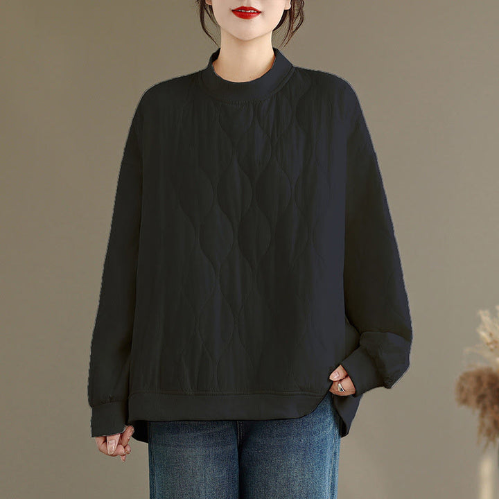 Buddha Stones Fall Solid Curved design Crew Neck Long Sleeve Women's Cotton Sweatshirt With Pockets - Black - US14，UK/AU18，EU46 (2XL) - image 1