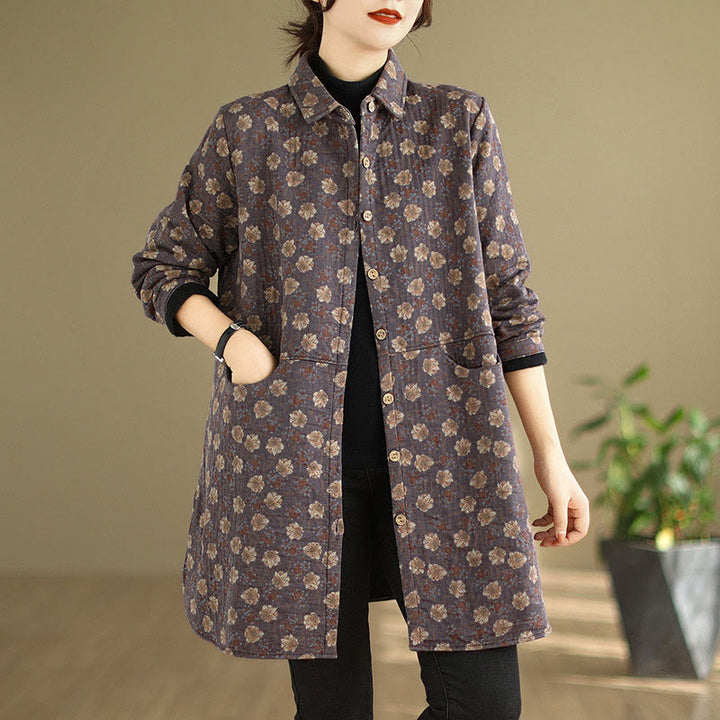 Buddha Stones Fall Winter Buttons Flower Patterns Long Sleeve Cotton Women's Jacket With Pockets - MediumPurple - US12，UK/AU16，EU44 (3XL) - image 8