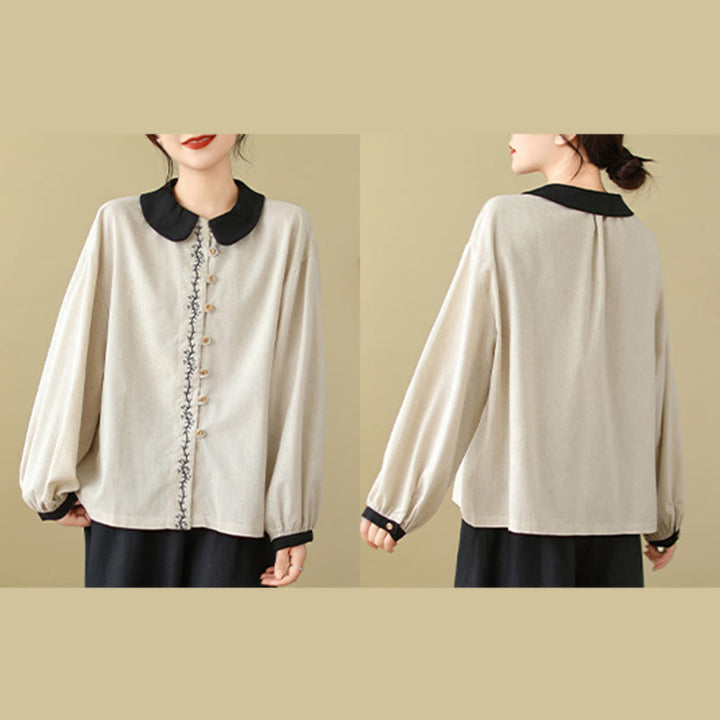 Buddha Stones Spring Embroidery Buttons Design Women's Cotton Peter Pan Collar Long Sleeve Shirt - image 6