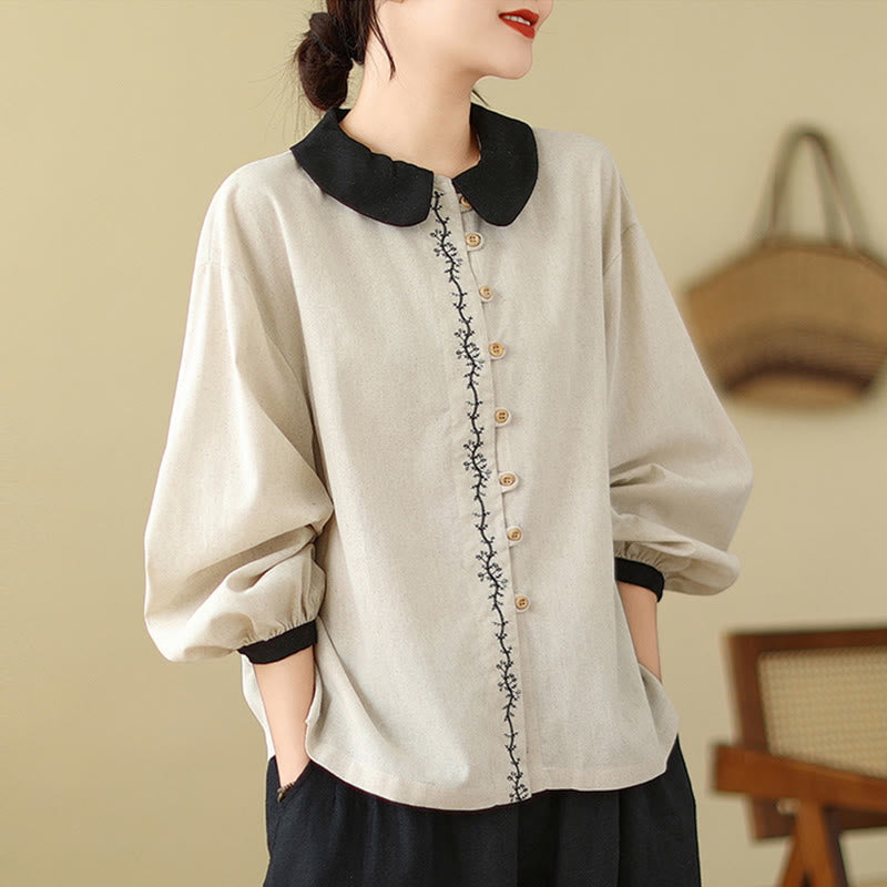 Buddha Stones Spring Embroidery Buttons Design Women's Cotton Peter Pan Collar Long Sleeve Shirt - Beige - US8-10，UK/AU12-14，EU40-42 (2XL) - image 0