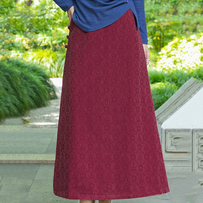 Buddha Stones Fall Winter Floral Pattern Frog-Button Women's Corduroy Skirt With Pockets - image 6