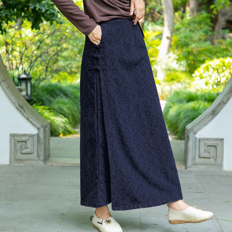 Buddha Stones Fall Winter Floral Pattern Frog-Button Women's Corduroy Skirt With Pockets - image 2