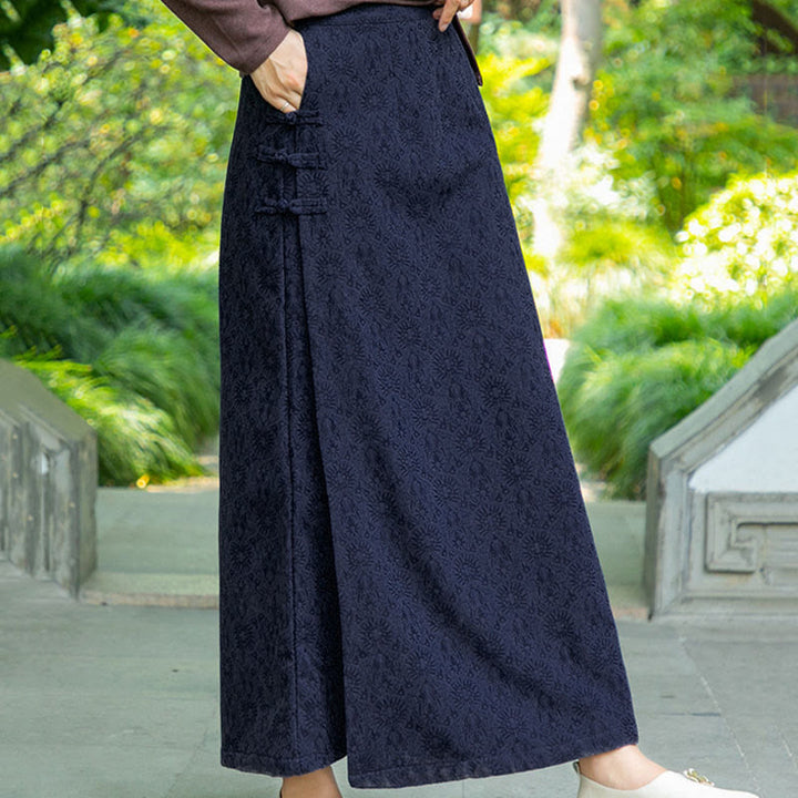 Buddha Stones Fall Winter Floral Pattern Frog-Button Women's Corduroy Skirt With Pockets - image 1