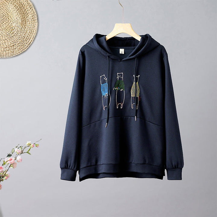 Buddha Stones Fall Embroidery Bear Long Sleeve Women's Hoodie - SteelBlue - US8-10，UK/AU12-14，EU40-42 (2XL) - image 0