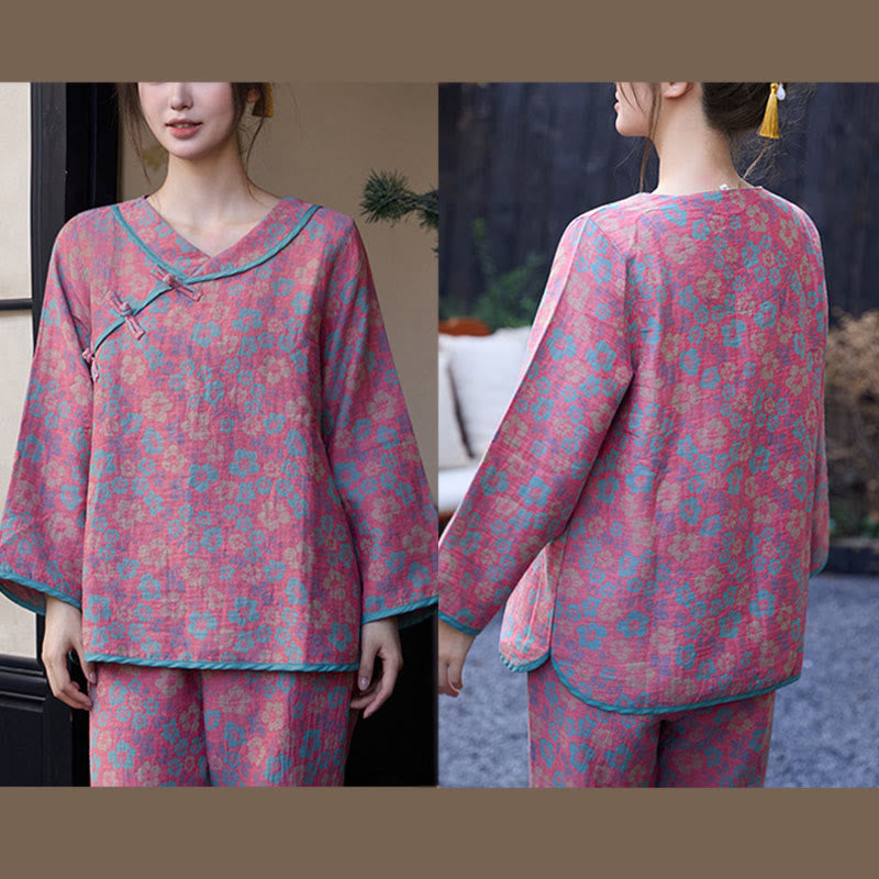 Buddha Stones 2pcs Floral Pattern Frog-Button Long Sleeve Round Neck Shirt Pants Cotton Pajamas Set  - image 9