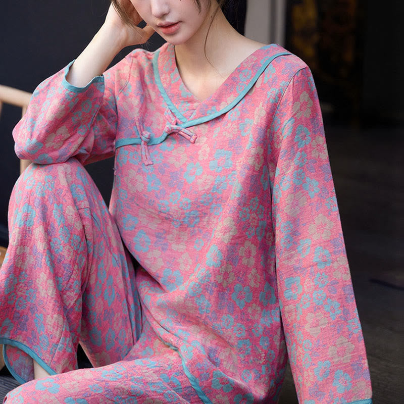 Buddha Stones 2pcs Floral Pattern Frog-Button Long Sleeve Round Neck Shirt Pants Cotton Pajamas Set  - image 7