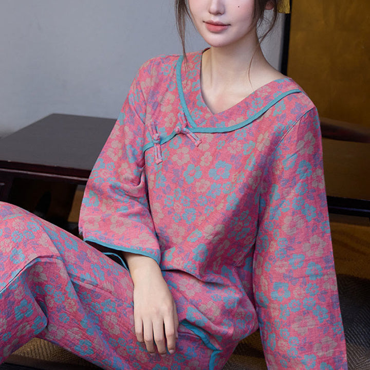 Buddha Stones 2pcs Floral Pattern Frog-Button Long Sleeve Round Neck Shirt Pants Cotton Pajamas Set  - image 6