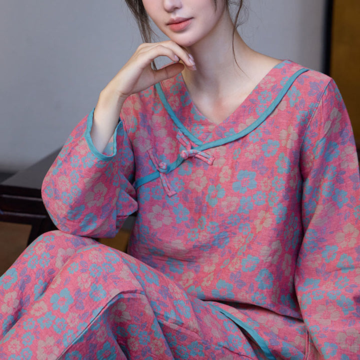 Buddha Stones 2pcs Floral Pattern Frog-Button Long Sleeve Round Neck Shirt Pants Cotton Pajamas Set  - image 3