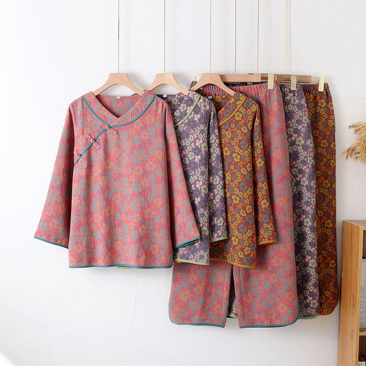 Buddha Stones 2pcs Floral Pattern Frog-Button Long Sleeve Round Neck Shirt Pants Cotton Pajamas Set  - image 12