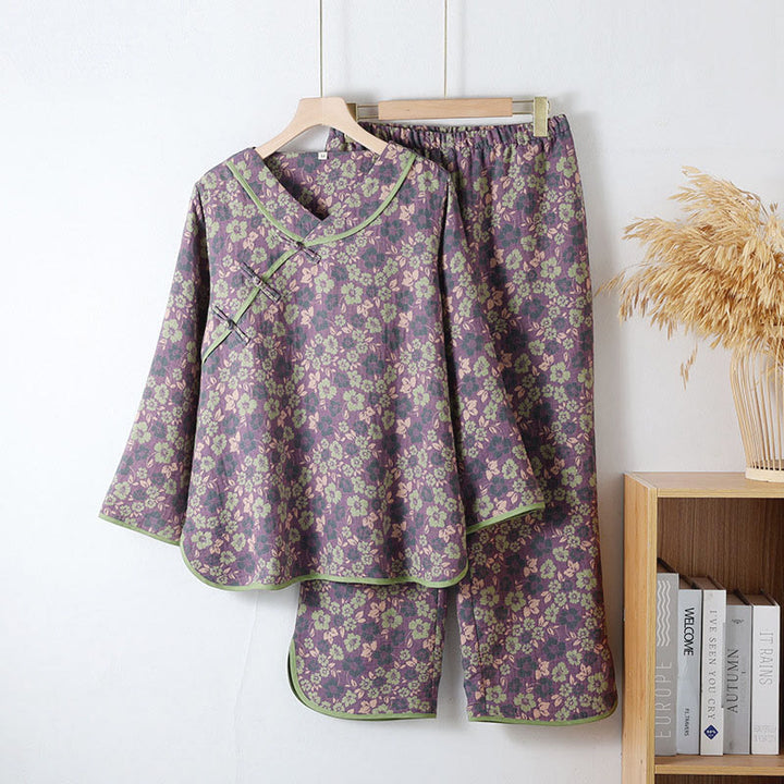 Buddha Stones 2pcs Floral Pattern Frog-Button Long Sleeve Round Neck Shirt Pants Cotton Pajamas Set  - DarkOrchid - US6，UK/AU10，EU38 (XL) - image 0