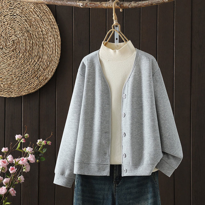 Buddha Stones Simple Plain V-Neck Buttons Down Design Women's Cotton Long Sleeve Jacket - LightGrey - US8-10，UK/AU12-14，EU40-42 (2XL) - image 6