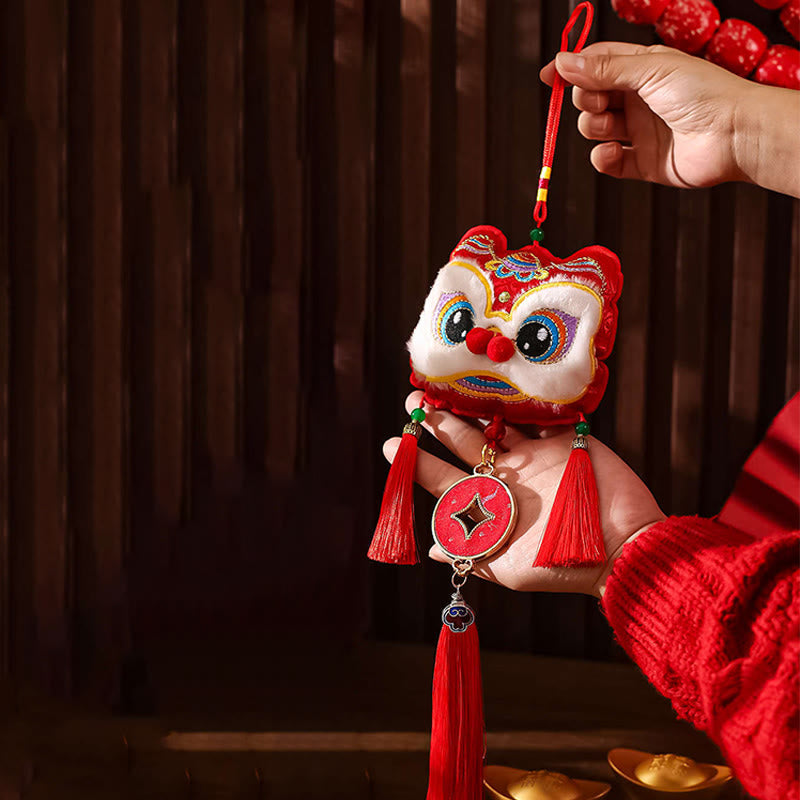 Buddha Stones Embroidery Year Of The Horse Fu Character Copper Coin Shape Red String Hanging Decoration - Awakening Lion(12*49cm) - image 7
