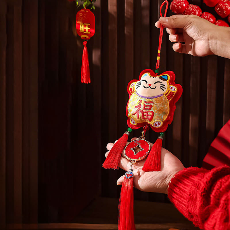 Buddha Stones Embroidery Year Of The Horse Fu Character Copper Coin Shape Red String Hanging Decoration - Cat Fu Character(11*48cm) - image 11