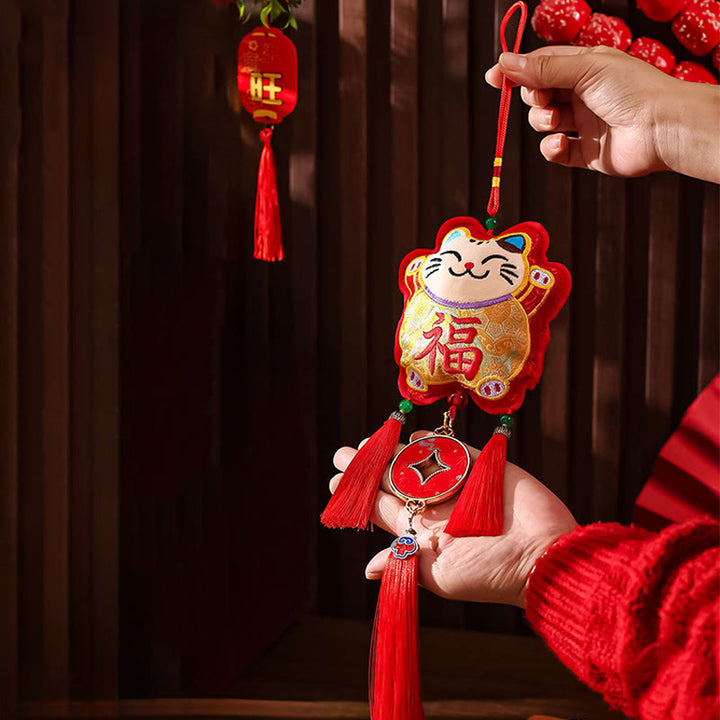 Buddha Stones Embroidery Year Of The Horse Fu Character Copper Coin Shape Red String Hanging Decoration - Cat Fu Character(11*48cm) - image 11
