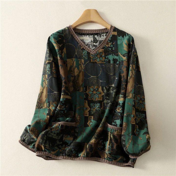 Buddha Stones Fall Geometric Patchwork V-Neck Women's Long Sleeve T-shirt With Pockets - DarkSeaGreen - US4-6，UK/AU8-10，EU36-38 (F) - image 8