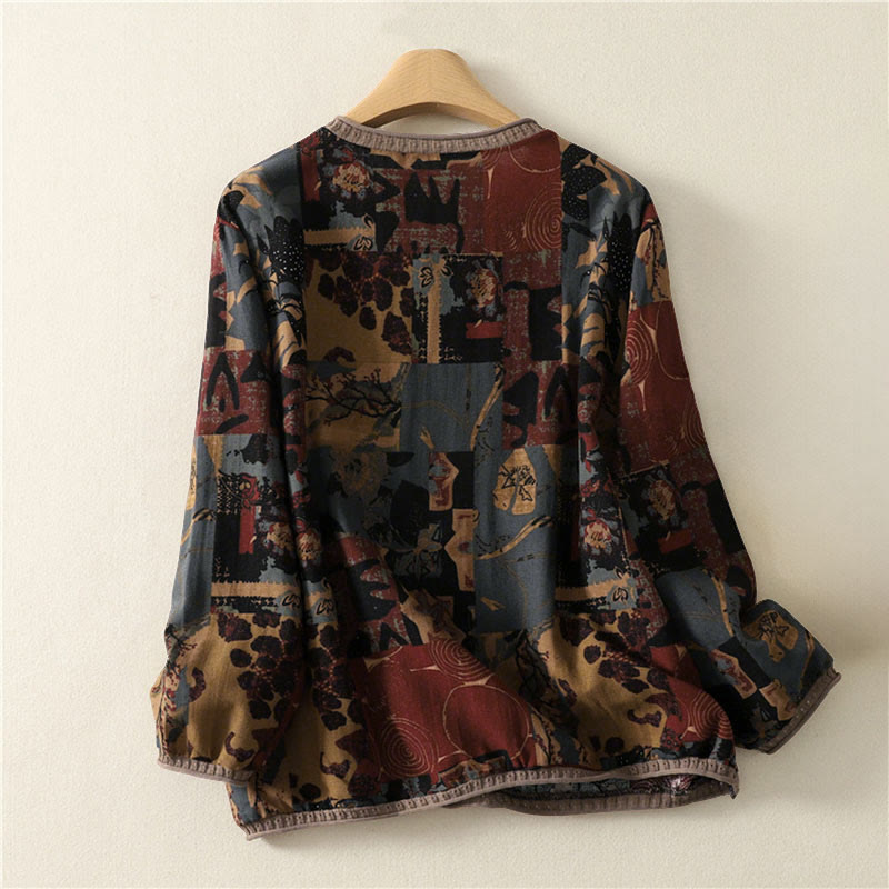 Buddha Stones Fall Geometric Patchwork V-Neck Women's Long Sleeve T-shirt With Pockets - image 1