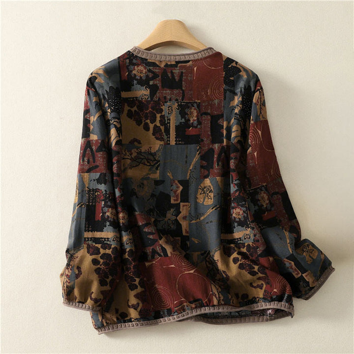 Buddha Stones Fall Geometric Patchwork V-Neck Women's Long Sleeve T-shirt With Pockets - image 1