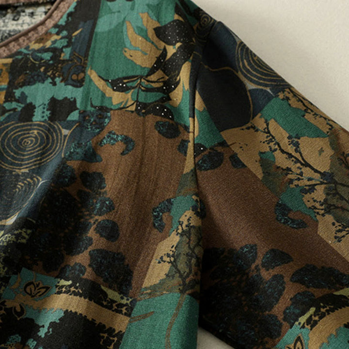 Buddha Stones Fall Geometric Patchwork V-Neck Women's Long Sleeve T-shirt With Pockets - image 12