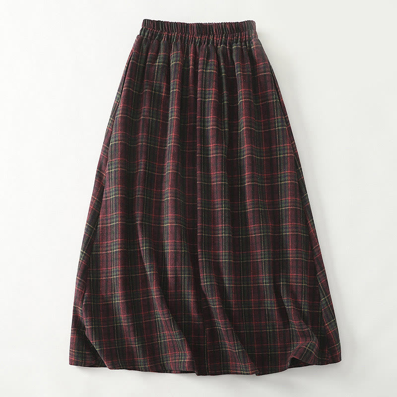 Buddha Stones Spring Fall Women's Plaid Pattern Cotton Skirt With Pockets - DarkRed - US8-10，UK/AU12-14，EU40-42 (2XL) - image 0